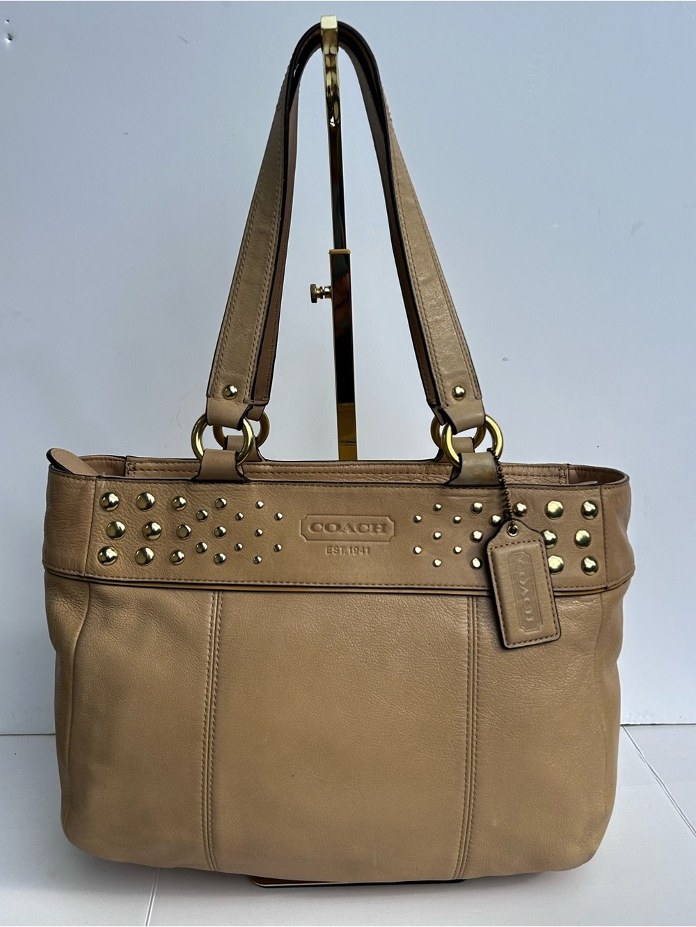 COACH Zoe Studded Leather East West Tote Shoulder Bag Purse Tan Gold F15235 Y2K